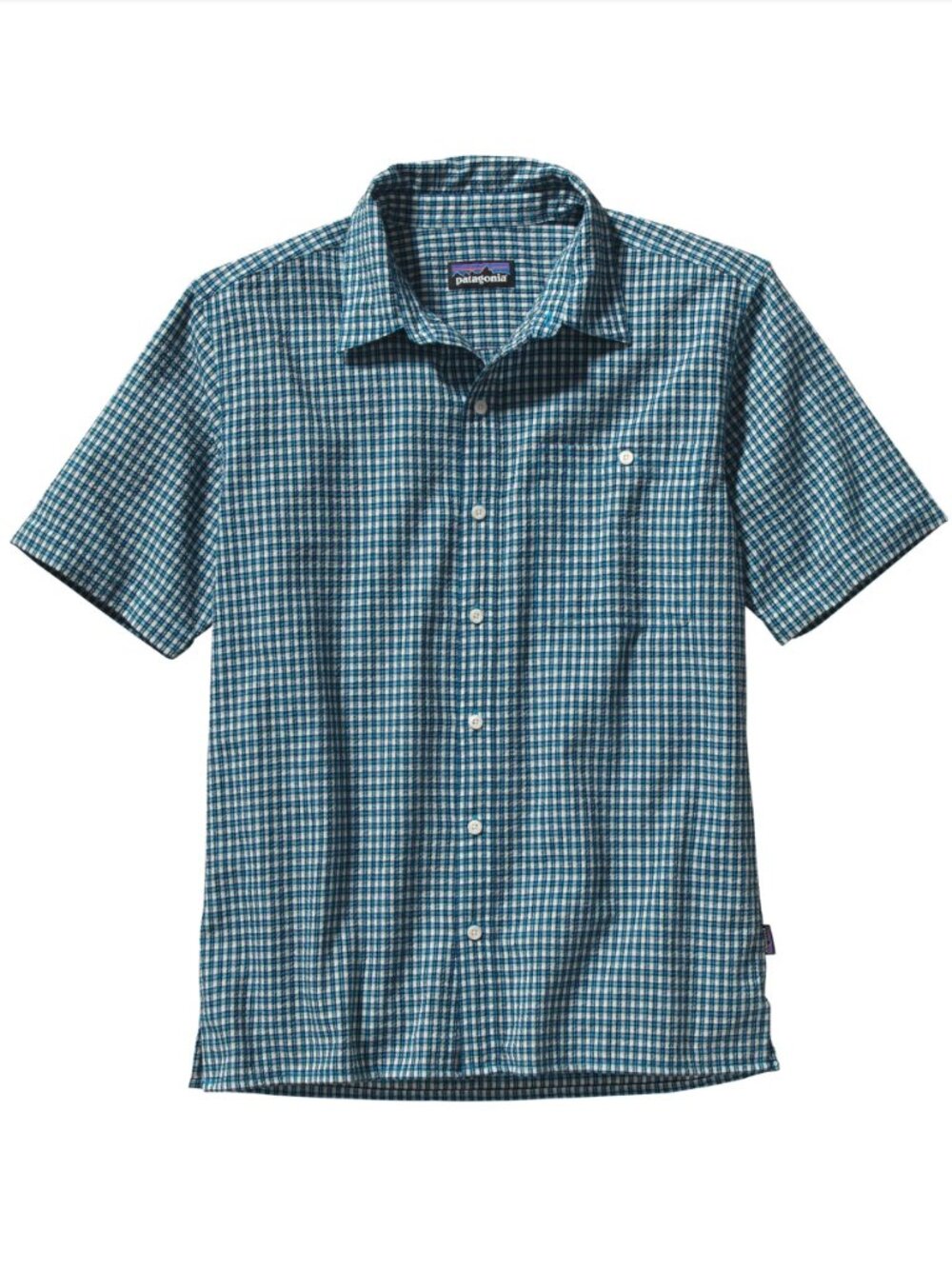 Patagonia • M's Puckerware Blue Plaid Check Short Sleeve Button Up Shirt • L